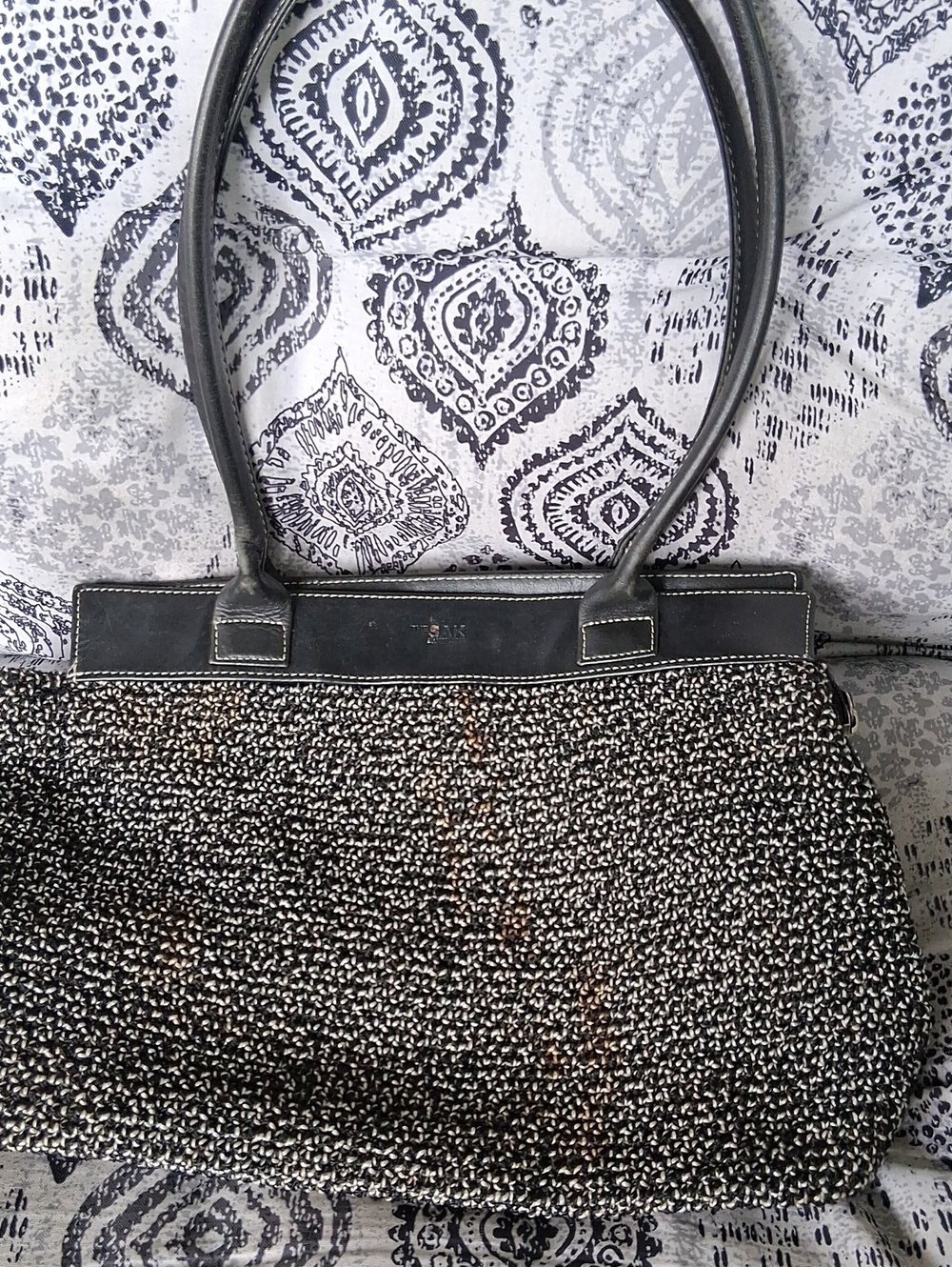 Vintage The Sak Black & Cream Woven Shoulder Bag with Leather Trim